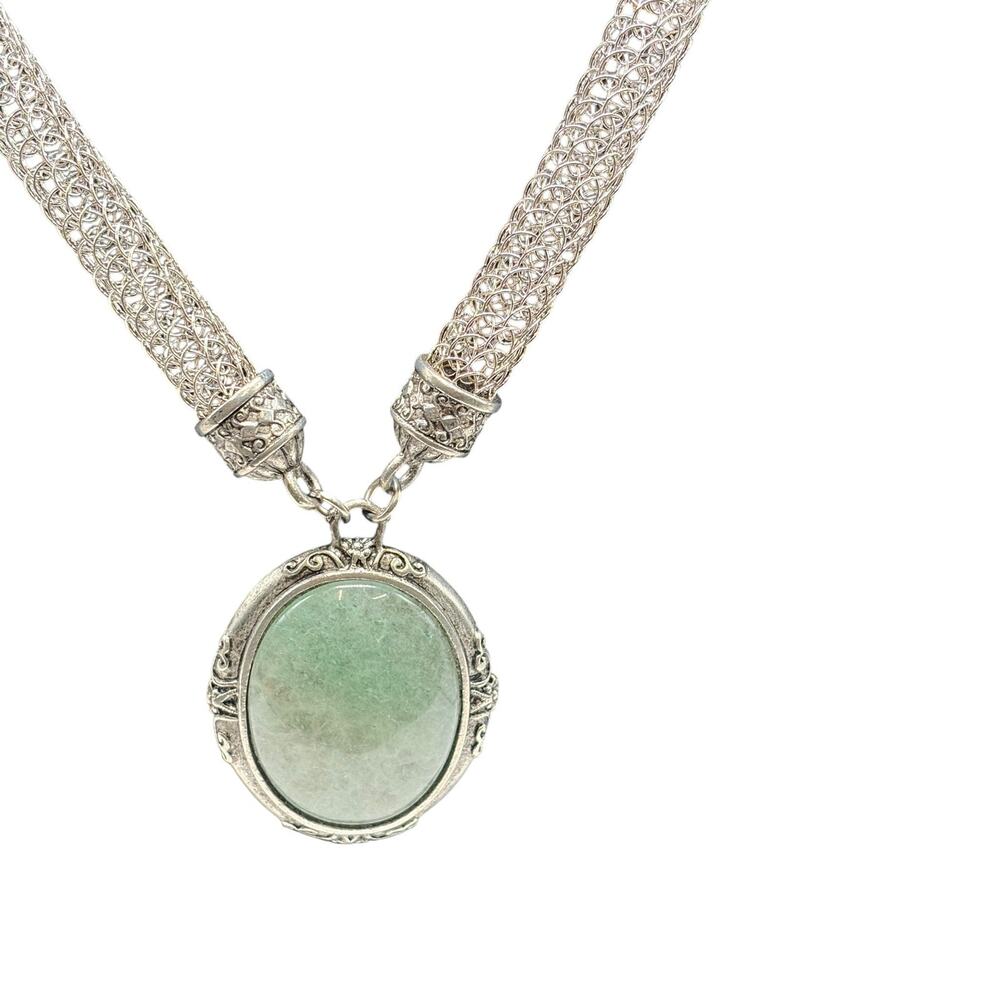 1928 Statement tone mesh choker necklace with ornate oval green gemstone pendant